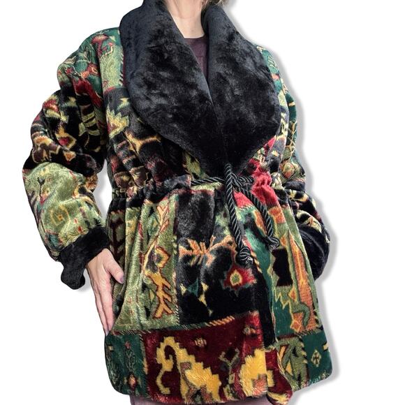 Vintage Gallery Faux Fur Patchwork Belted Coat Fur Collar Southwestern Artsy - Picture 5 of 14